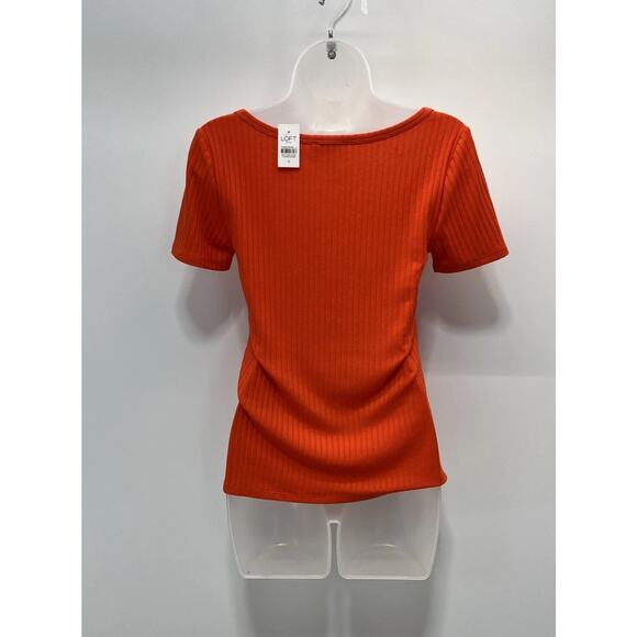 NWT Loft Short Sleeve Shirt Women Medium Orange Scoop Neck Ribbed Stretch Casual - Picture 2 of 8